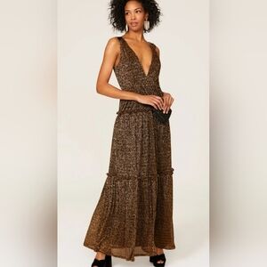 Hutch Metallic Bronze Black Maxi Dress V-Neck Sleeveless Tiered Skirt Size 4